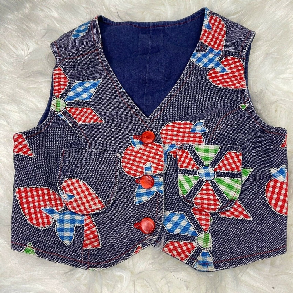 Vintage Kids Blue Denim Vest Gingham Pinwheel Patchwork Unisex Boys Girls Hippie